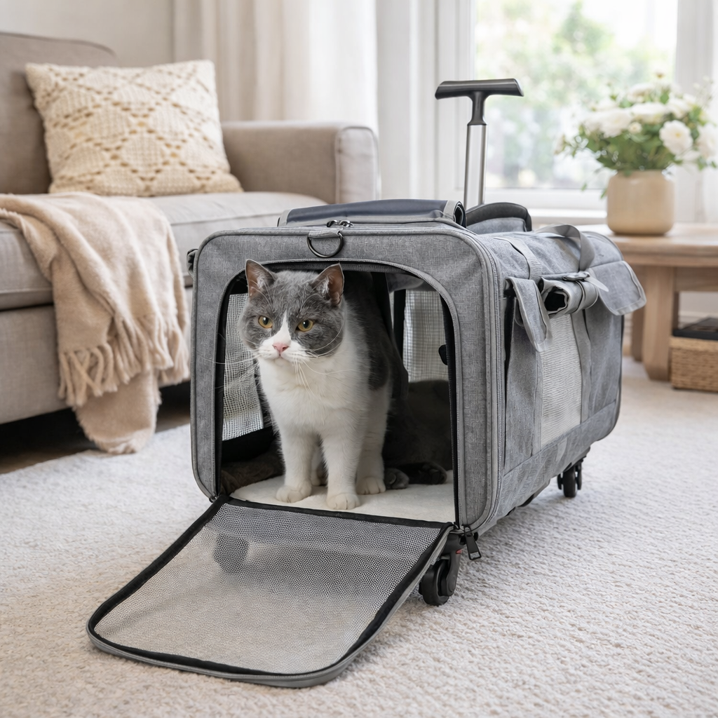 Sac de transport pour chat à roulettes – style valise, confortable et pratique