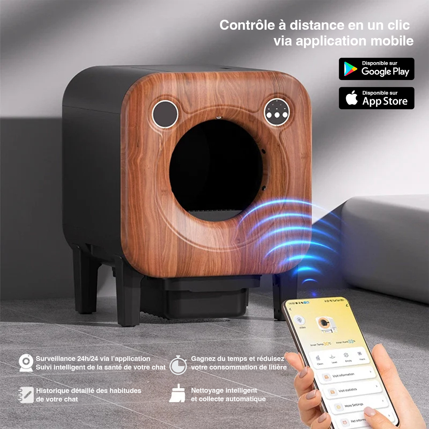 Litière autonettoyante connectée – Signature Bois 75L | Moustache & Cie