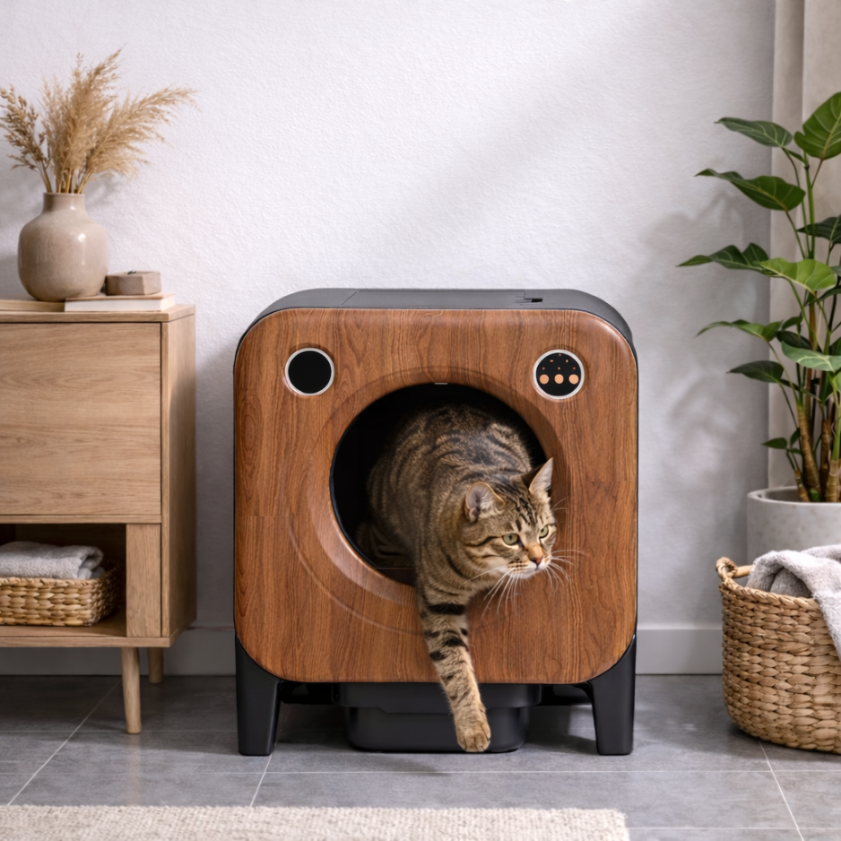 Litière autonettoyante connectée – Signature Bois 75L | Moustache & Cie