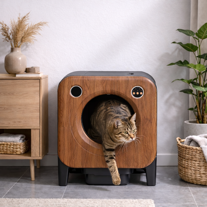 Litière autonettoyante connectée – Signature Bois 75L | Moustache & Cie